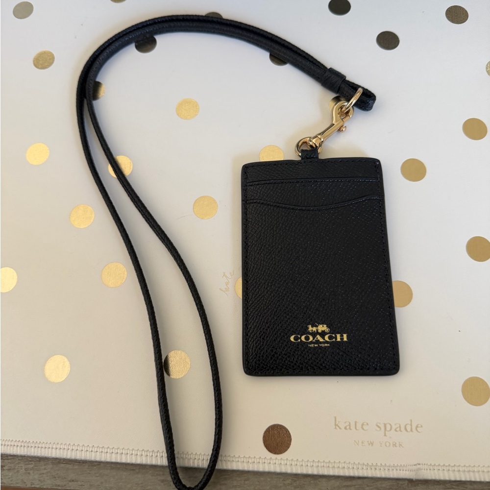 Coach Black Lanyard Card Holder with Gold Accents